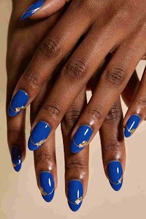 Electric Blue French Tips with Gold Accents Electric Blue French Tips with Gold Accents