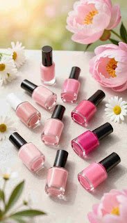 A stylish flat lay arrangement showcasing an array of elegant pink nail polish bottles suited for summer, emphasizing various shades from soft pastel to vibrant fuchsia, lying on a light, textured surface. Include delicate summer flowers, such as peonies and daisies, strategically positioned around the polishes to evoke a fresh and lively atmosphere. The background should be a soft gradient of warm sunshine hues, suggesting a sunny day on a garden patio. The lighting should be soft and inviting, capturing the essence of summer, with natural light creating gentle reflections on the polish bottles. This composition should feel cheerful and uplifting, perfect for those looking to choose the ideal pink shade for their skin tone. A stylish flat lay arrangement showcasing an array of elegant pink nail polish bottles suited for summer