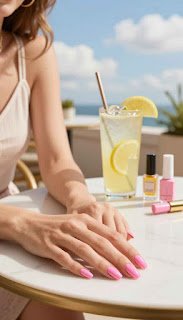 A sunny summer scene focused on a stylish young woman sitting at a chic outdoor café, her hands gracefully on the table displaying perfect pink acrylic nails. The foreground features her vibrant pink nails catching the light, showcasing ideal summer care, with subtle reflections for added detail. In the middle ground, a small table is adorned with a refreshing lemonade and a few nail care products like oil and a top coat, emphasizing maintenance during hot months. The background features a warm, bright blue sky with soft, fluffy clouds, enhancing a cheerful summer atmosphere. The lighting is soft yet bright, suggesting midday sun, and the composition captures a relaxed, joyful summer vibe while highlighting nail care essentials. A sunny summer scene focused on a stylish young woman sitting at a chic outdoor café