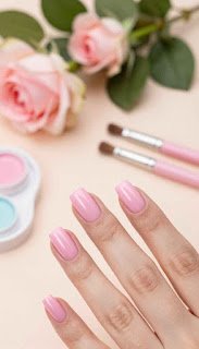A close-up view of beautifully manicured nails showcasing the latest summer 2026 nail color trend: simple pink acrylic. The nails, shaped in a modern square style, glisten with a glossy finish, reflecting soft light. In the foreground, a delicate hand rests elegantly on a pastel-colored surface, enhancing the gentle vibe of summer. The middle of the image features a few nail art tools, like brushes and a small palette, subtly suggesting a DIY aspect. In the background, softly blurred floral elements—like light pink roses and lush green leaves—create a warm, inviting atmosphere that conveys the essence of summer. The overall mood is fresh, stylish, and cheerful, ideal for showcasing the trendy nail color. beautifully manicured nails showcasing the latest summer 2026 nail color trend