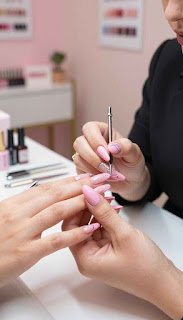 A close-up view of elegantly manicured pink acrylic nails reflecting the latest 2026 nail art trends, featuring intricate geometric patterns and subtle metallic accents. The foreground showcases the hands of a professional nail technician, dressed in smart casual attire, gently holding a color palette. In the middle ground, a sleek modern salon environment is revealed, with soft-focus nail tools elegantly arranged on a stylish workstation. The background captures pastel-colored walls adorned with tasteful nail art displays, enhancing the contemporary feel. Bright, diffused lighting illuminates the scene, creating a warm, inviting atmosphere that emphasizes the precision and artistry involved in nail care. The overall mood is sophisticated and inspiring, showcasing the art of long-lasting acrylic nail application. pink acrylic nails reflecting the latest 2026 nail art trends